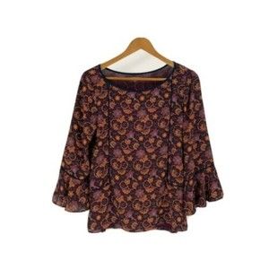 𝅺Ann Taylor Loft vintage Womens Small Blouse Burgundy Floral Bell Sleeve Top